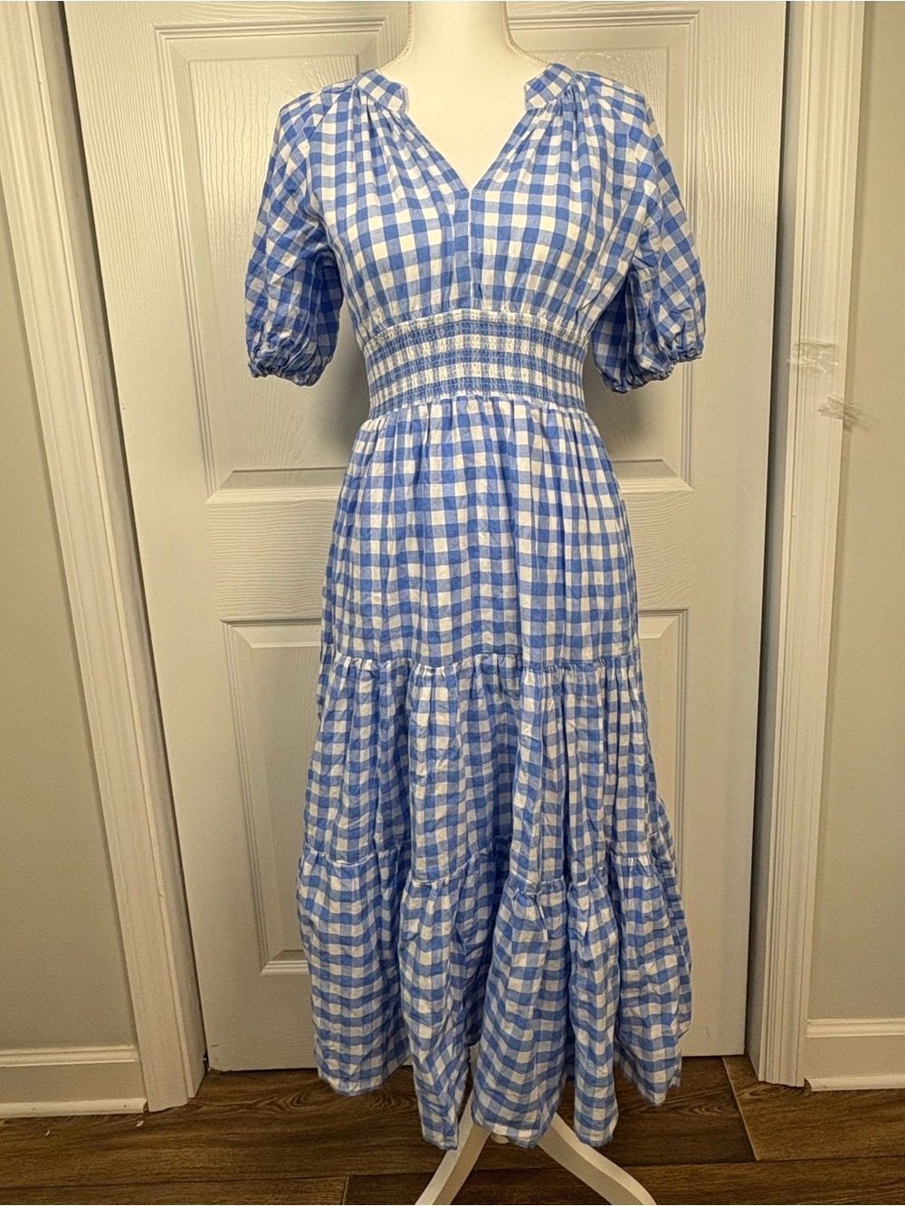 Talulah Blue White Gingham Smocked Fit & Flare Midi Dress Cottagecore Sz S